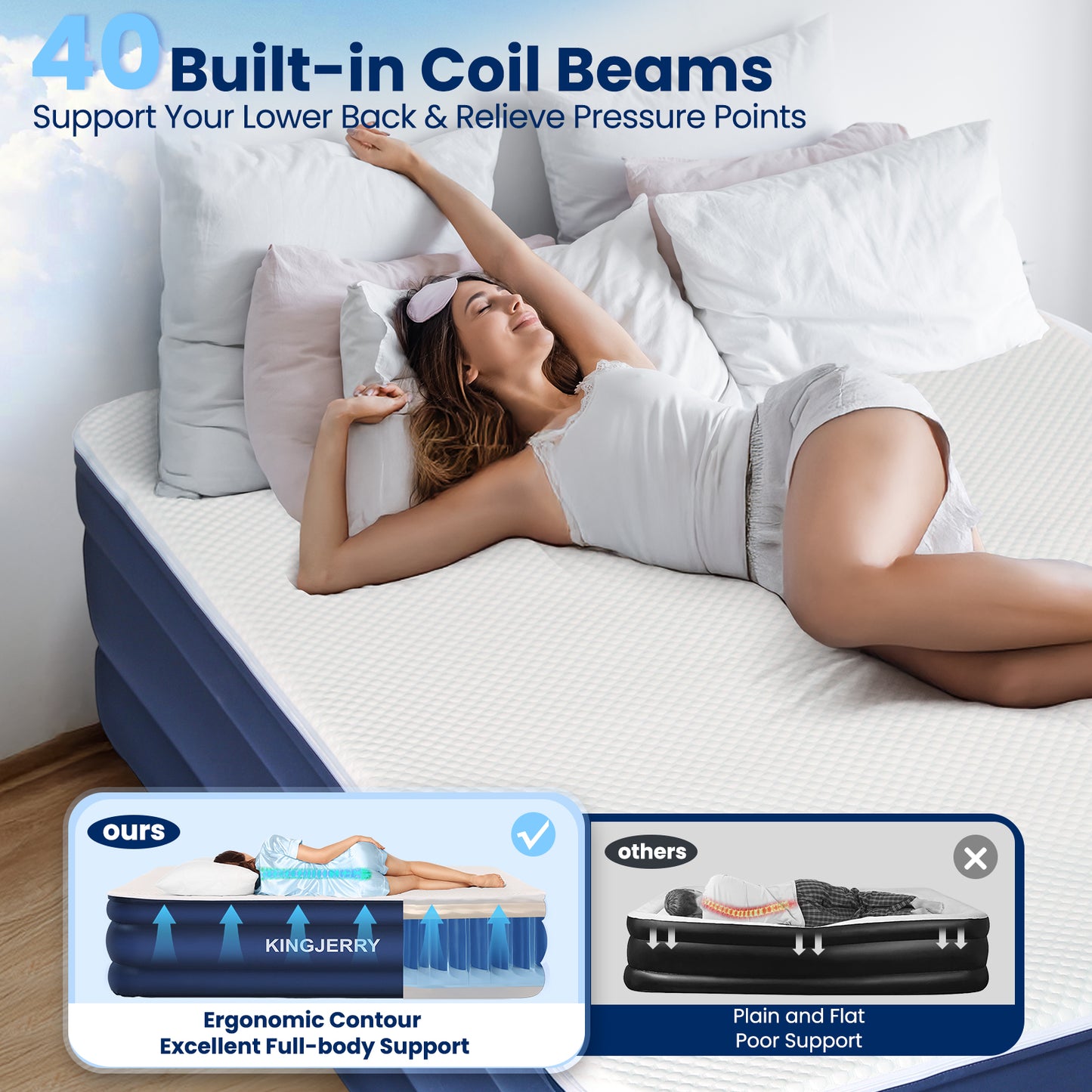 KINGJERRY Queen Air Mattress with Built-in Pump, 18" Luxury Foam Topper Inflatable Blow Up Mattress, Breathable & Washable Silk Feel Cover, 900lbs Supports, 48Hr Leak-Proof, 3-Min Fast for Home&Guests