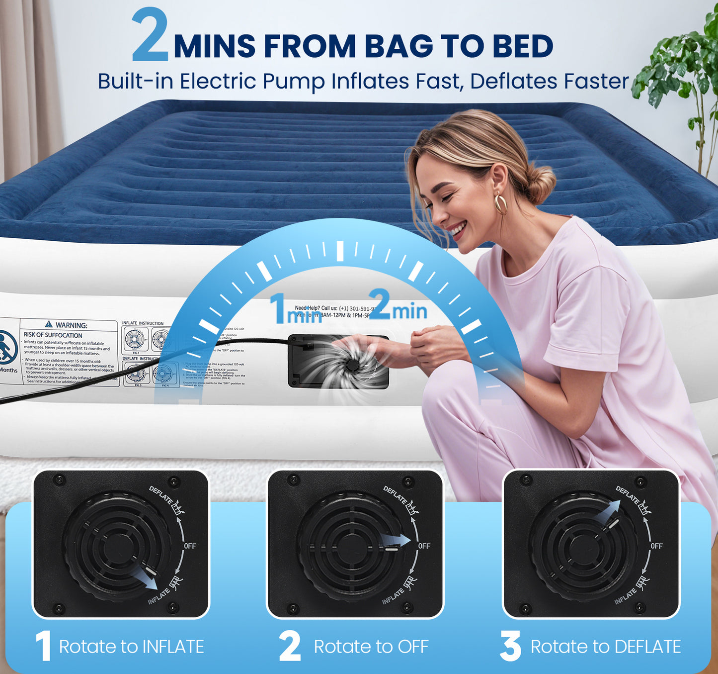 KINGJERRY Twin XL Air Mattress with Built-in Pump, 18" Raised Comfort Inflatable Mattress, Upgraded Dual-Layer Leakproof Blow up Mattress, 500 lbs Max, 2-Min Inflation Air Bed for Home Camping& Guests