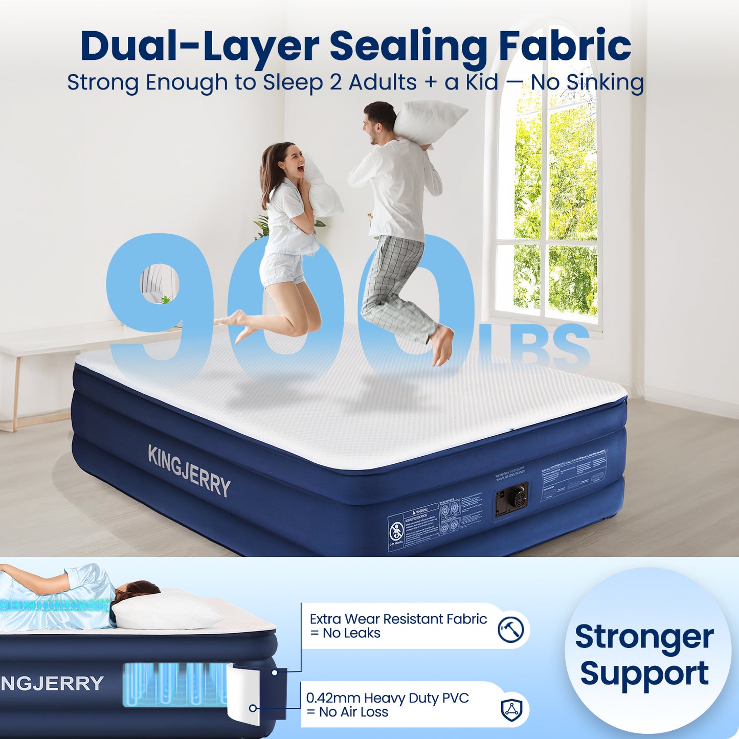 KINGJERRY Queen Air Mattress with Built-in Pump, 18" Luxury Foam Topper Inflatable Blow Up Mattress, Breathable & Washable Silk Feel Cover, 900lbs Supports, 48Hr Leak-Proof, 3-Min Fast for Home&Guests