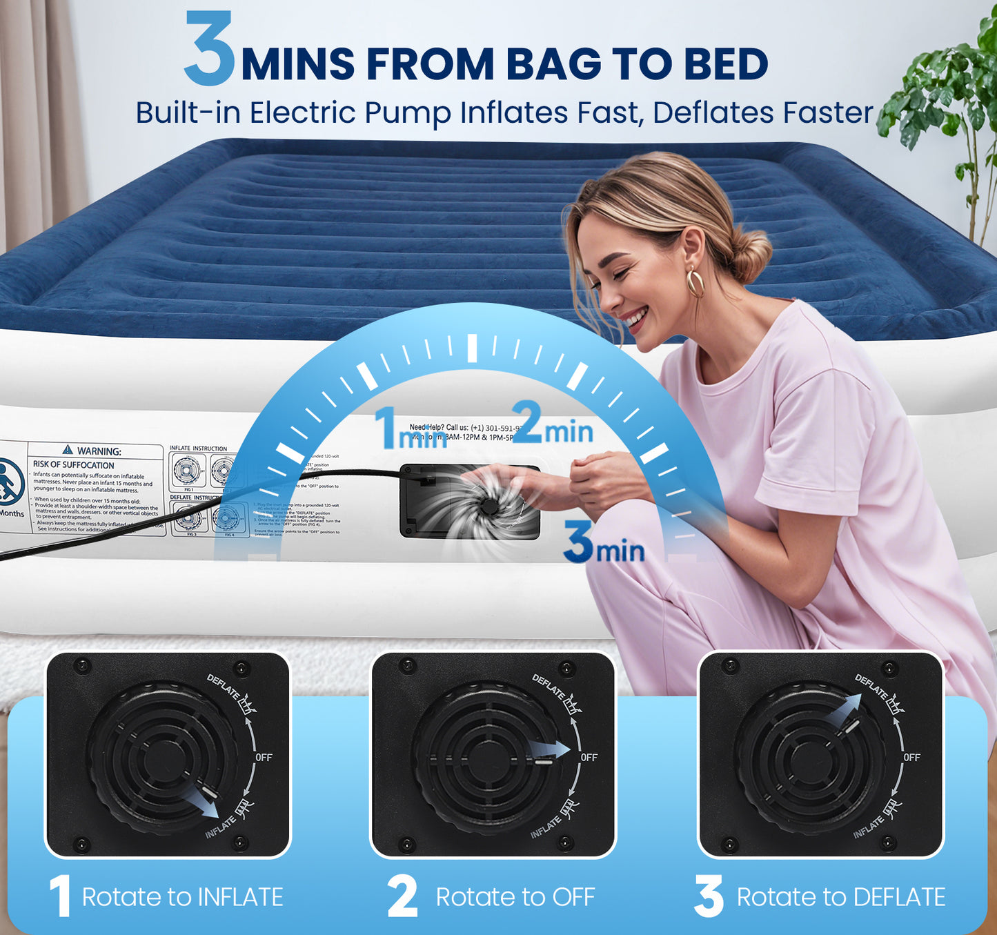 KINGJERRY Queen Air Mattress with Built-in Pump, 18" Raised Comfort Inflatable Mattress, Upgraded Dual-Layer Leakproof Blow up Mattress, 800 lbs Max, 3-Min Inflation Air Bed for Home Camping & Guests