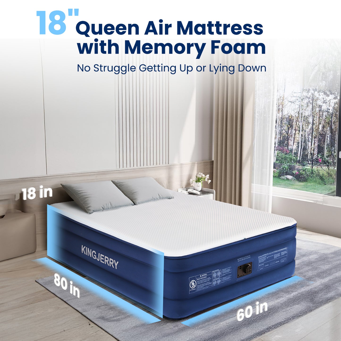 KINGJERRY Queen Air Mattress with Built-in Pump, 18" Luxury Foam Topper Inflatable Blow Up Mattress, Breathable & Washable Silk Feel Cover, 900lbs Supports, 48Hr Leak-Proof, 3-Min Fast for Home&Guests