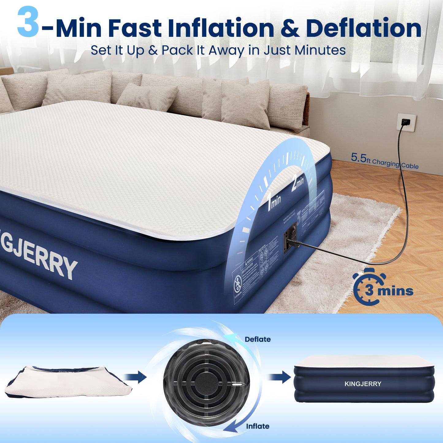 KINGJERRY Queen Air Mattress with Built-in Pump, 18" Luxury Foam Topper Inflatable Blow Up Mattress, Breathable & Washable Silk Feel Cover, 900lbs Supports, 48Hr Leak-Proof, 3-Min Fast for Home&Guests