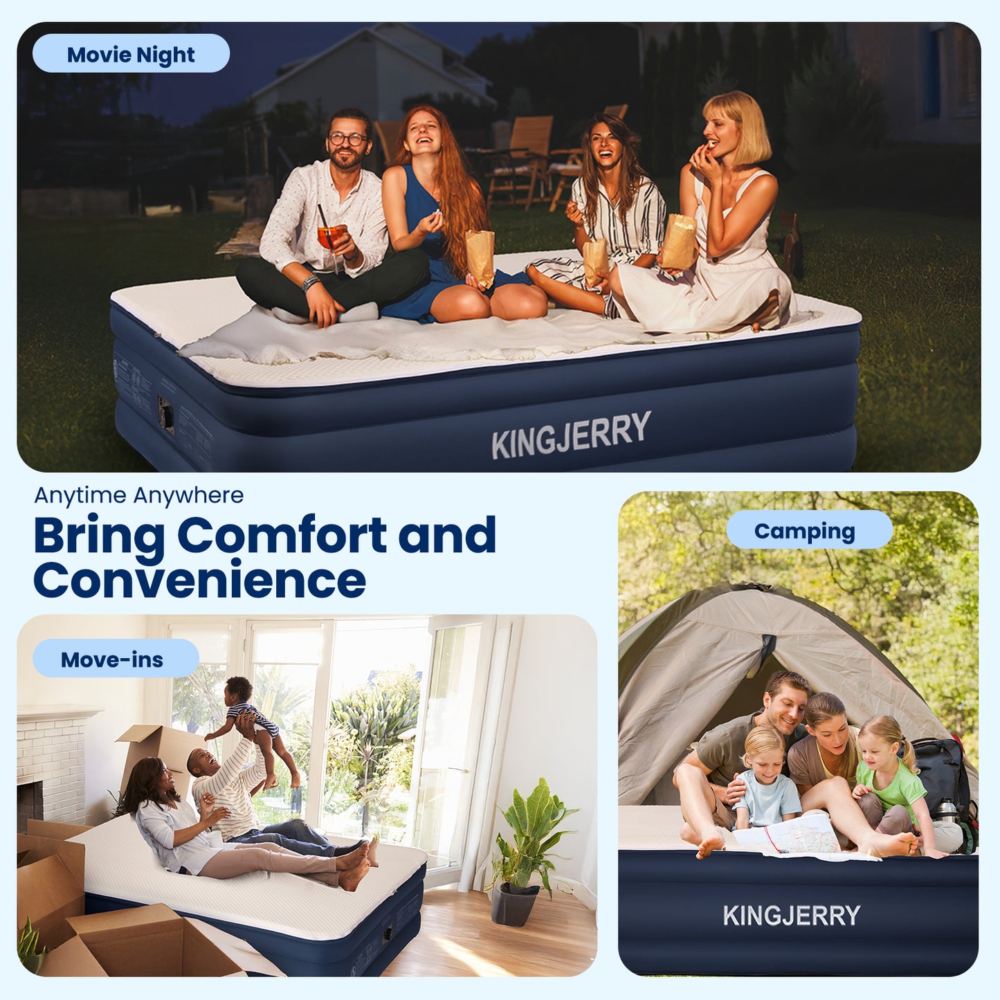 KINGJERRY Queen Air Mattress with Built-in Pump, 18" Luxury Foam Topper Inflatable Blow Up Mattress, Breathable & Washable Silk Feel Cover, 900lbs Supports, 48Hr Leak-Proof, 3-Min Fast for Home&Guests