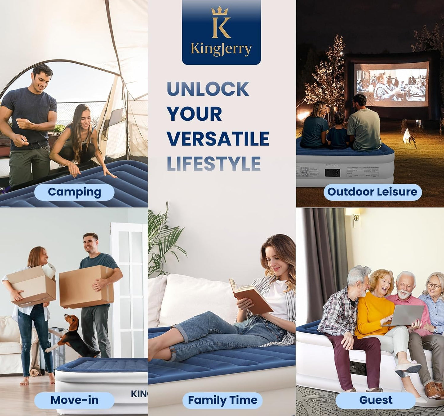 KINGJERRY Air Mattress Full with Built in Pump, 18" Raised Comfort Full Size Air Mattress, Dual-Layer Leakproof Blow Up Mattress, Support 600 lbs, 2.5-Min Inflation Air Bed for Home Camping Guests