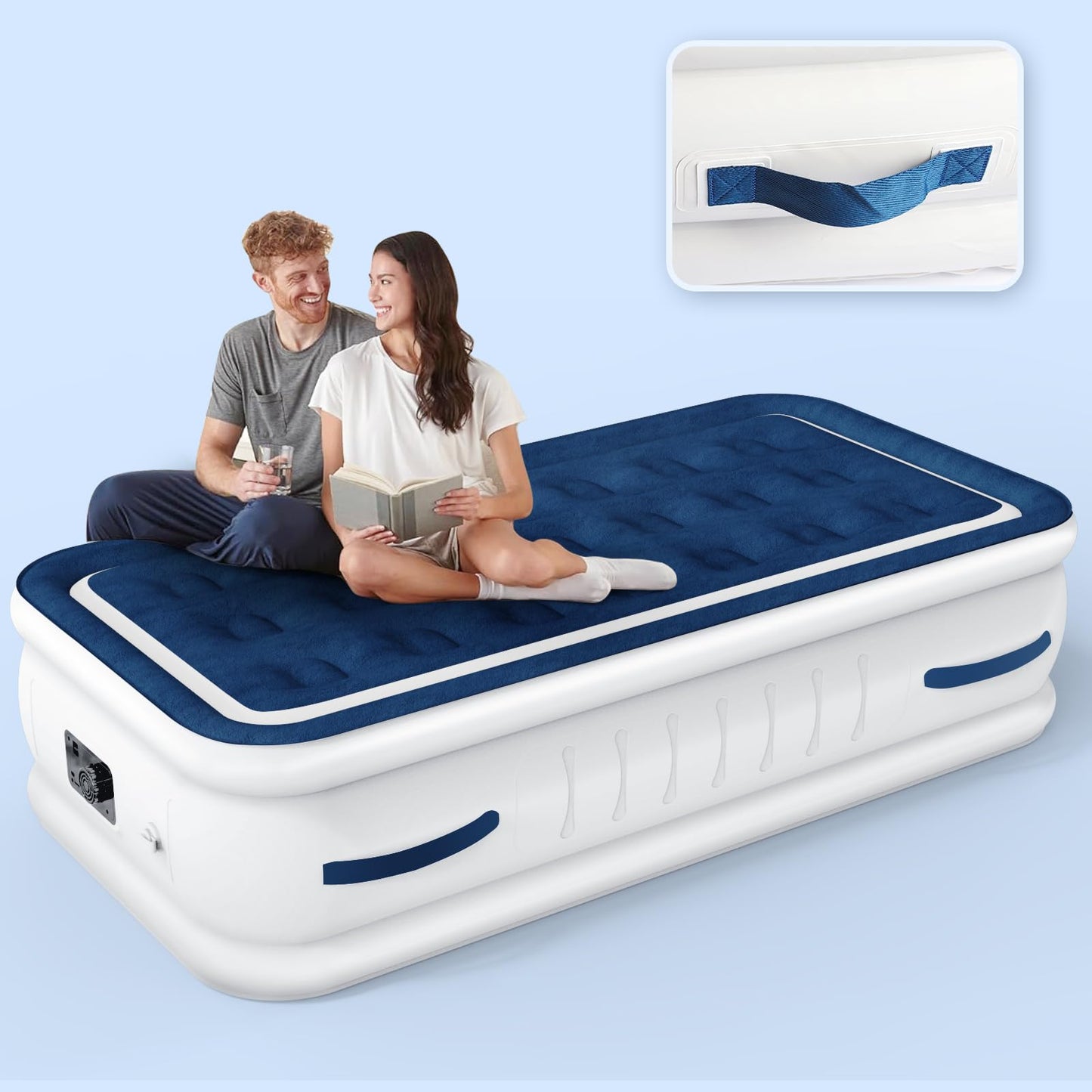 KINGJERRY Air Mattress Twin with Built in Pump and 4 Portable Handles, 18" High Comfortable Portable Blow Up Mattress for Guests, Air Bed with Carry Bags, Sturdy Inflatable Mattress for Home&Camping