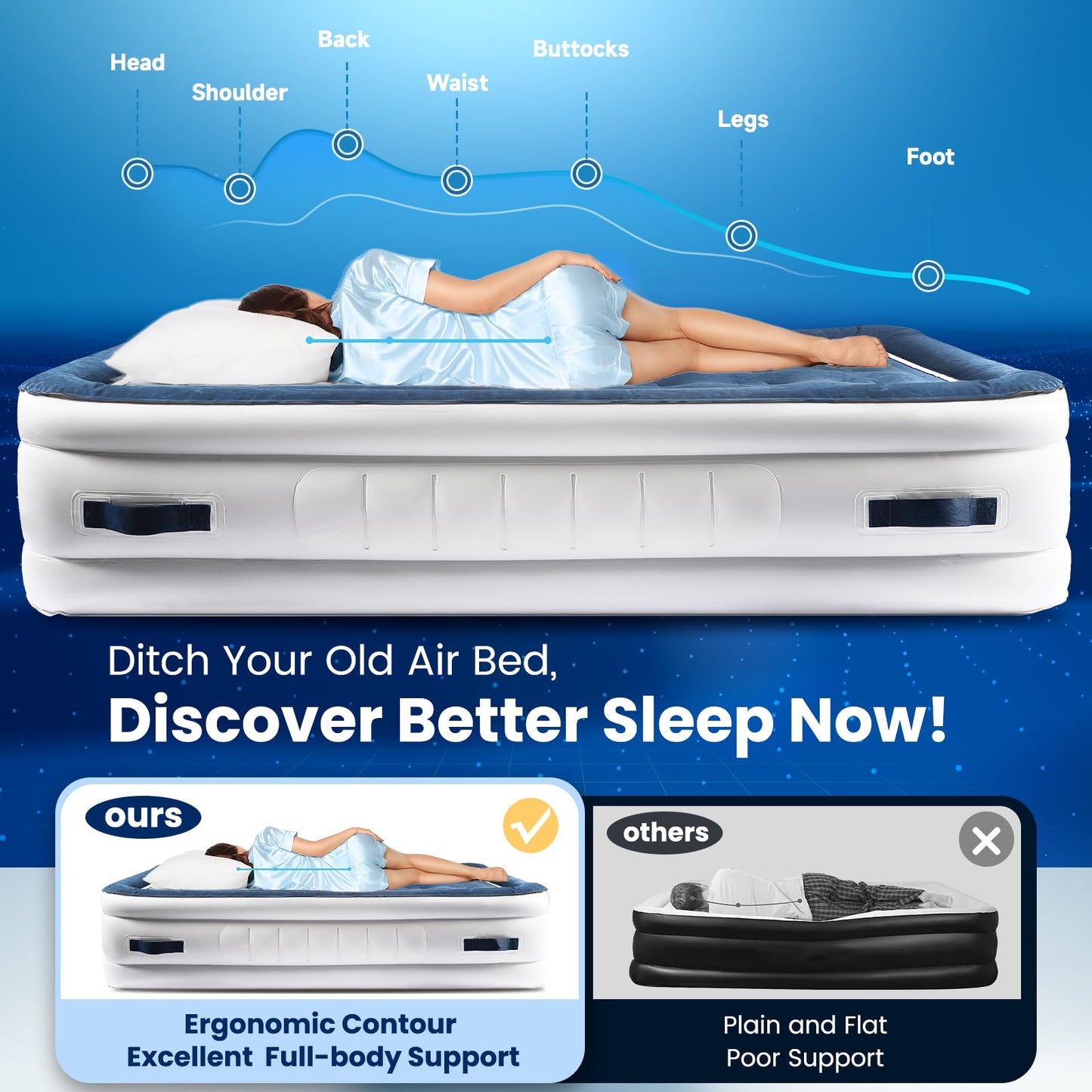 KINGJERRY Air Mattress Queen with Built in Pump and 4 Portable Handles, 18" High Comfortable Portable Blow Up Mattress for Guests, Air Bed with Carry Bags, Sturdy Inflatable Mattress for Home&Camping