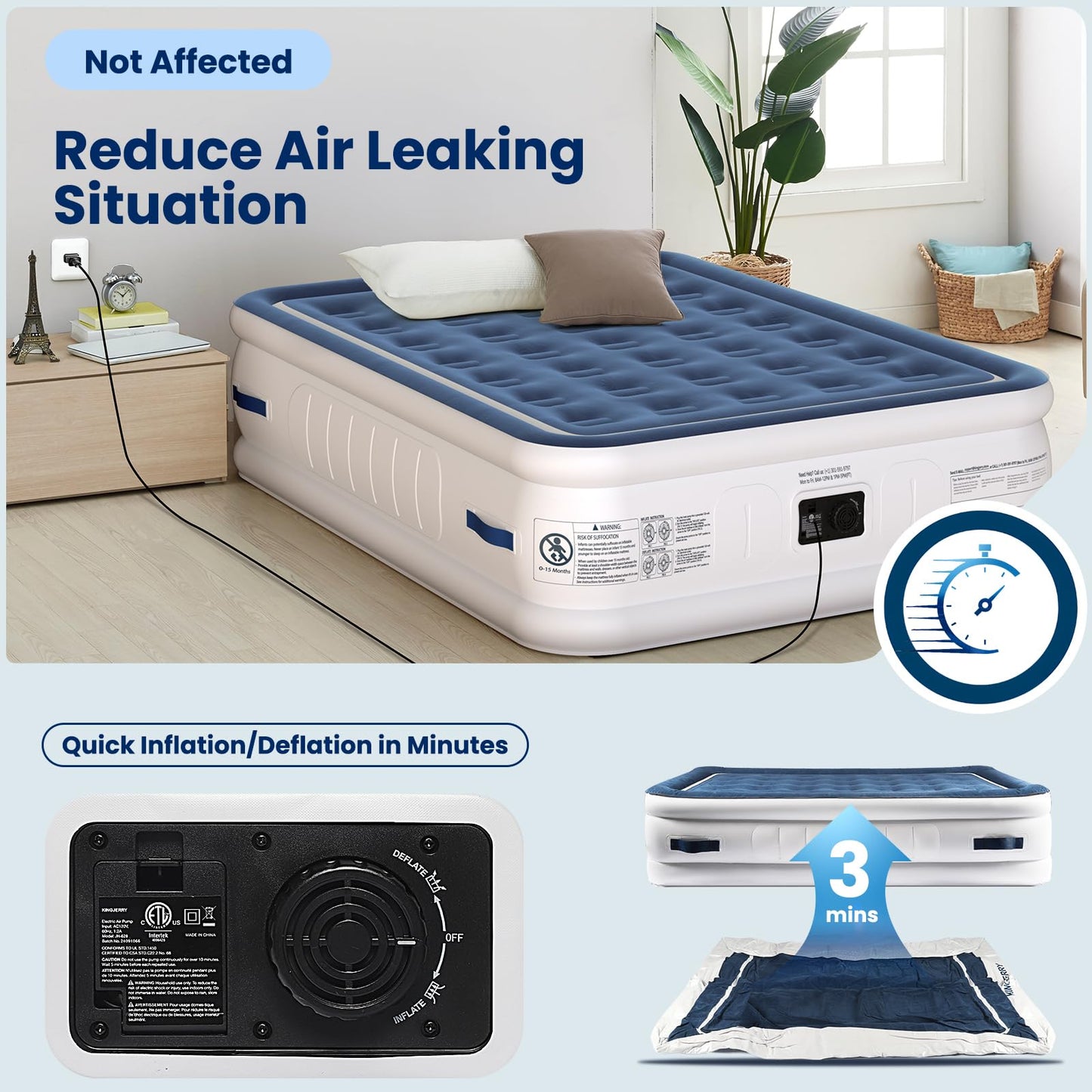 KINGJERRY Air Mattress Queen with Built in Pump and 4 Portable Handles, 18" High Comfortable Portable Blow Up Mattress for Guests, Air Bed with Carry Bags, Sturdy Inflatable Mattress for Home&Camping