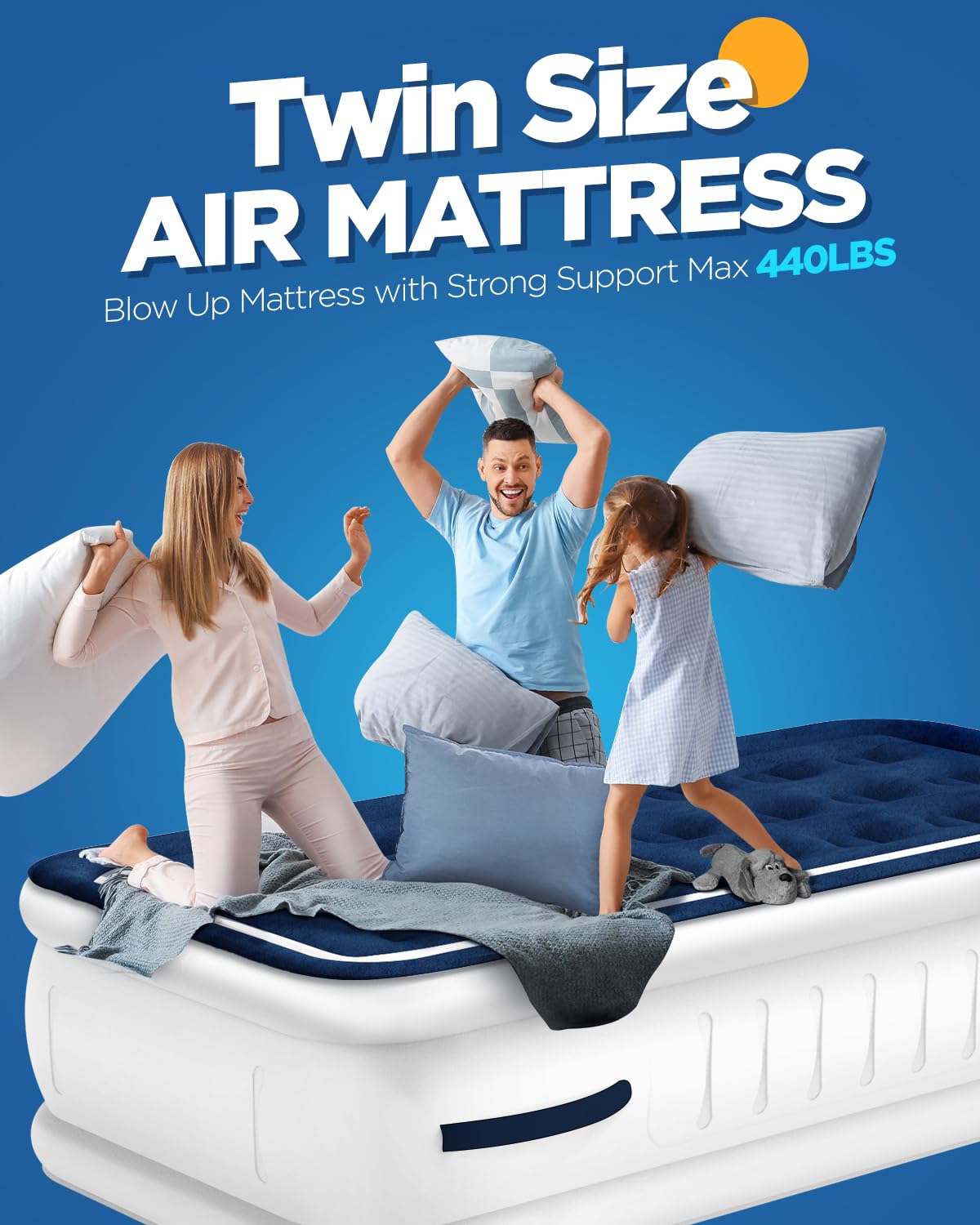 KINGJERRY Air Mattress Twin with Built in Pump and 4 Portable Handles, 18" High Comfortable Portable Blow Up Mattress for Guests, Air Bed with Carry Bags, Sturdy Inflatable Mattress for Home&Camping