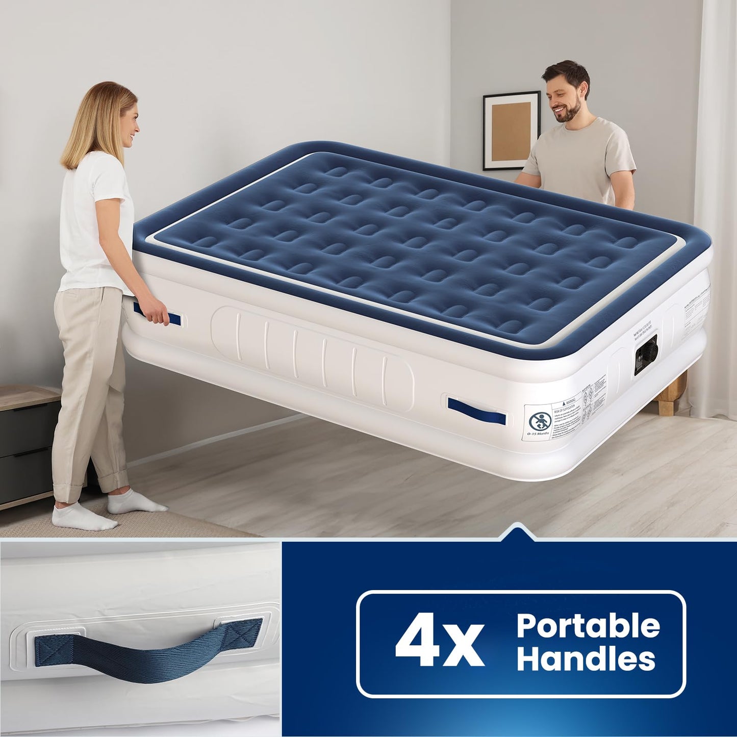 KINGJERRY Air Mattress Queen with Built in Pump and 4 Portable Handles, 18" High Comfortable Portable Blow Up Mattress for Guests, Air Bed with Carry Bags, Sturdy Inflatable Mattress for Home&Camping