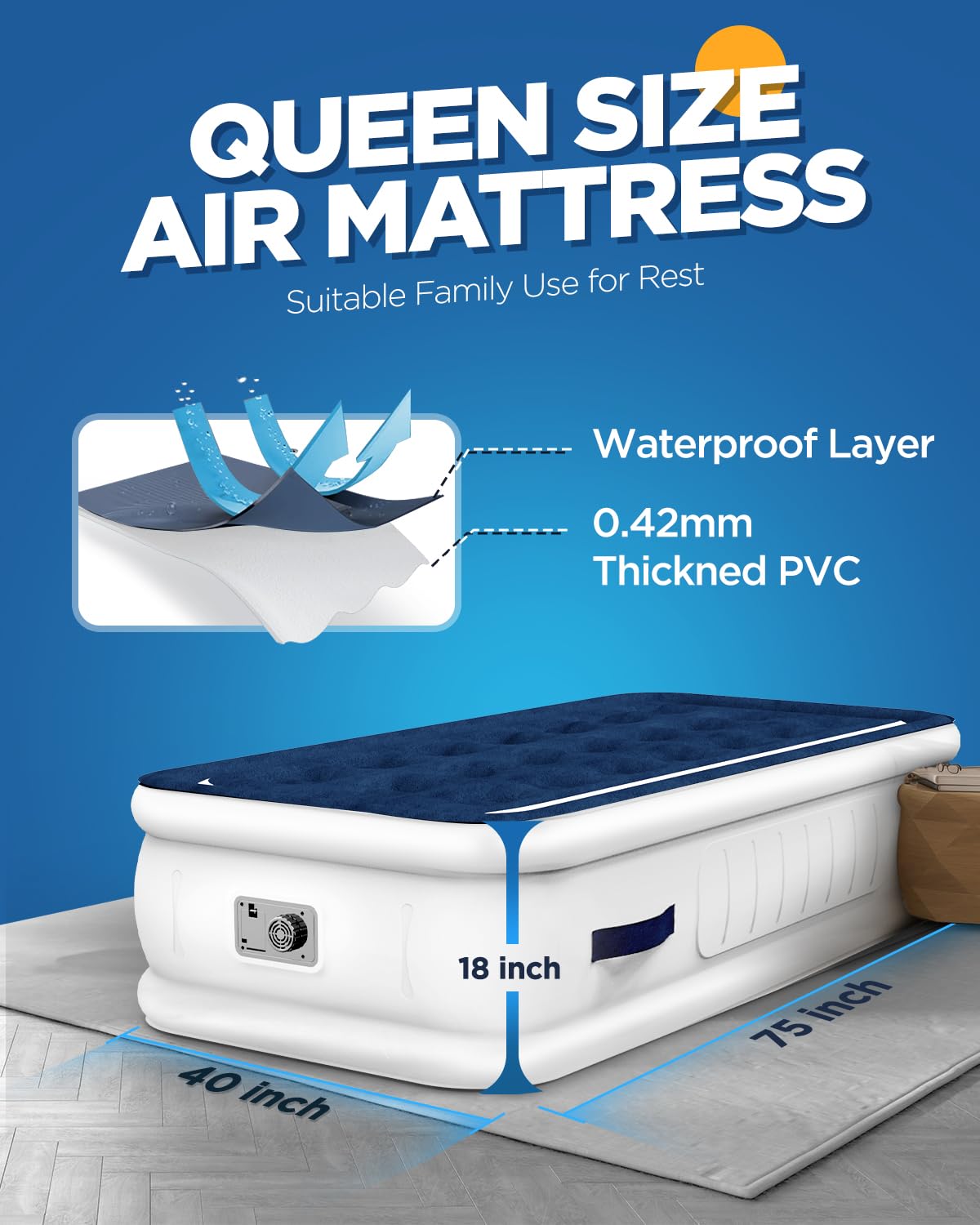 KINGJERRY Air Mattress Twin with Built in Pump and 4 Portable Handles, 18" High Comfortable Portable Blow Up Mattress for Guests, Air Bed with Carry Bags, Sturdy Inflatable Mattress for Home&Camping