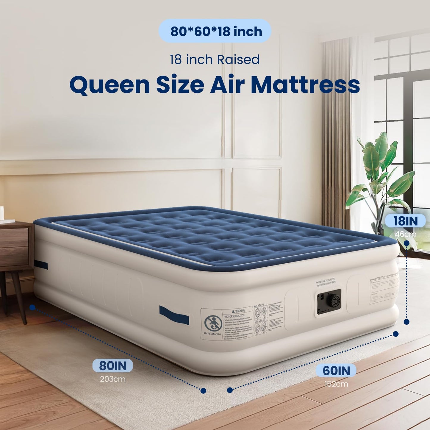 KINGJERRY Air Mattress Queen with Built in Pump and 4 Portable Handles, 18" High Comfortable Portable Blow Up Mattress for Guests, Air Bed with Carry Bags, Sturdy Inflatable Mattress for Home&Camping