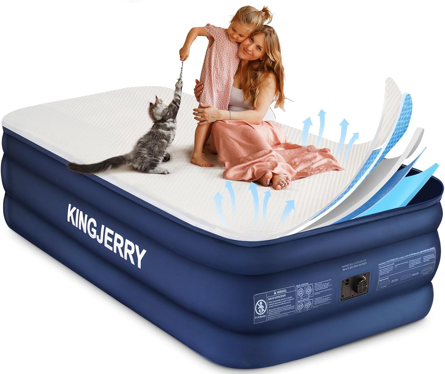 KINGJERRY Twin XL Air Mattress with Built-in Pump, 18" Raised Foam Topper Inflatable Mattress, 80" Length, Washable Silk-Feel Cover, 48Hr Leak-Proof, Supports 500lbs, 2 Min Fast Inflate for Home&Guest