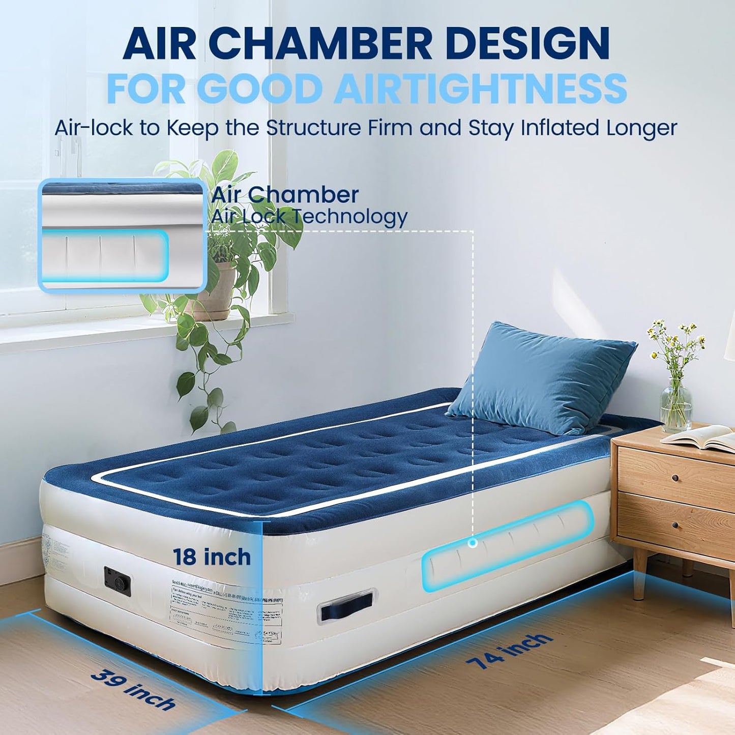 KINGJERRY Twin Air Mattress with Built in Pump and 4 Portable Handles, 18" Raised Comfort Blow Up Mattress for Guests, 440lb Support Air Bed with Carry Bags, Heavy Duty Inflatable Bed for Home&Camping