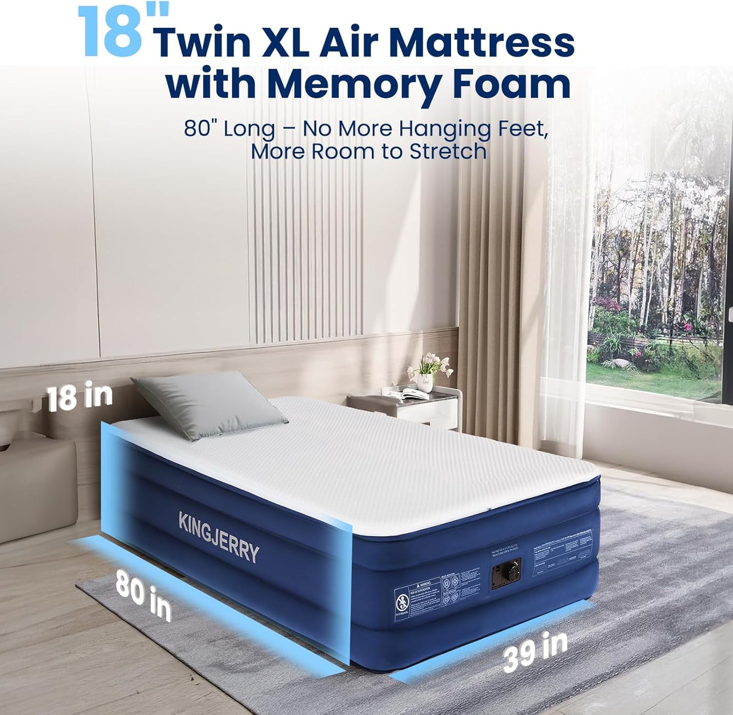 KINGJERRY Twin XL Air Mattress with Built-in Pump, 18" Raised Foam Topper Inflatable Mattress, 80" Length, Washable Silk-Feel Cover, 48Hr Leak-Proof, Supports 500lbs, 2 Min Fast Inflate for Home&Guest