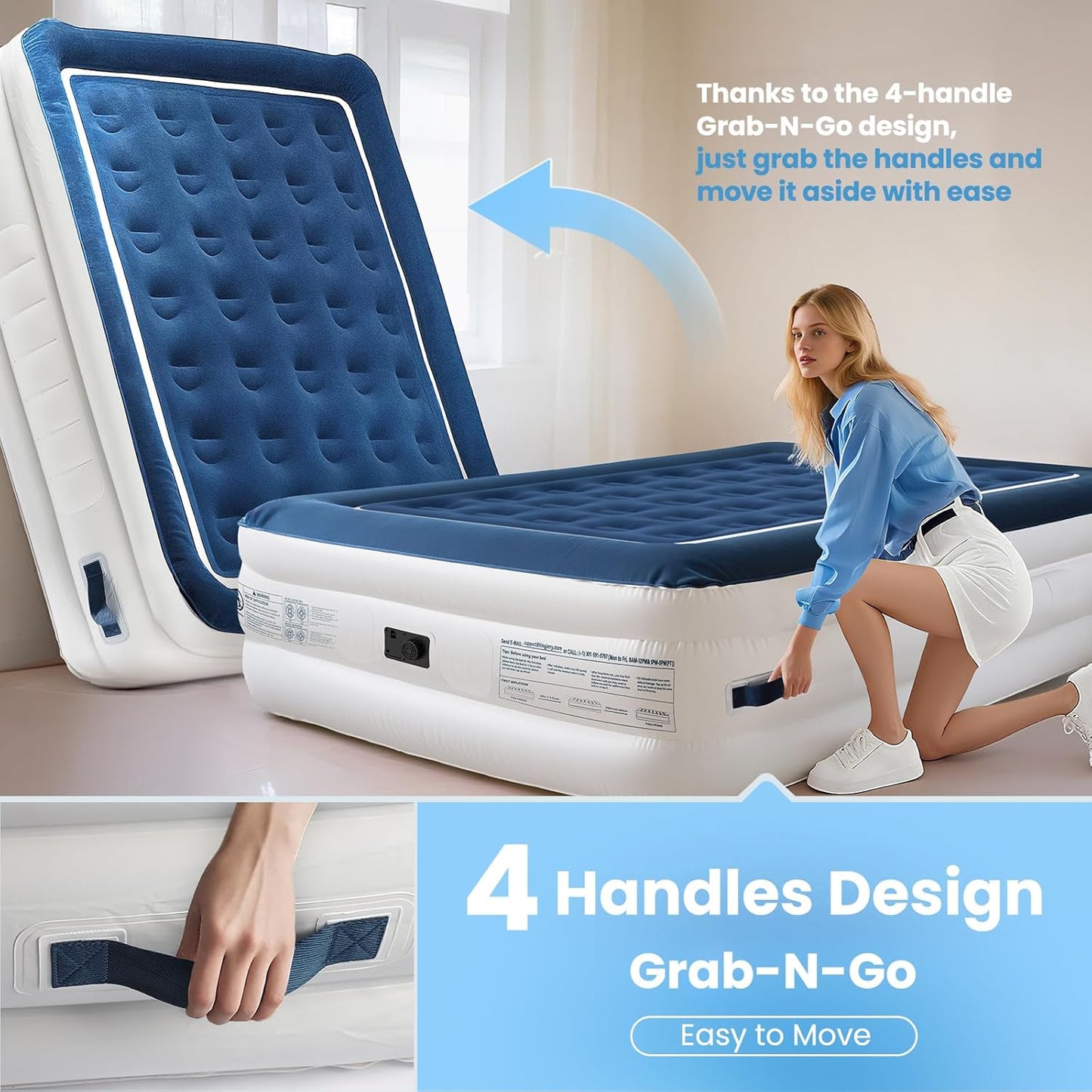 KINGJERRY Queen Air Mattress with Built in Pump, 4 Portable Handles, 18" Raised Comfort, Leak-Tested, Anti-collapse Design, 3 Mins Inflation, 800lb Support Inflatable Mattress for Home Guest & Camping