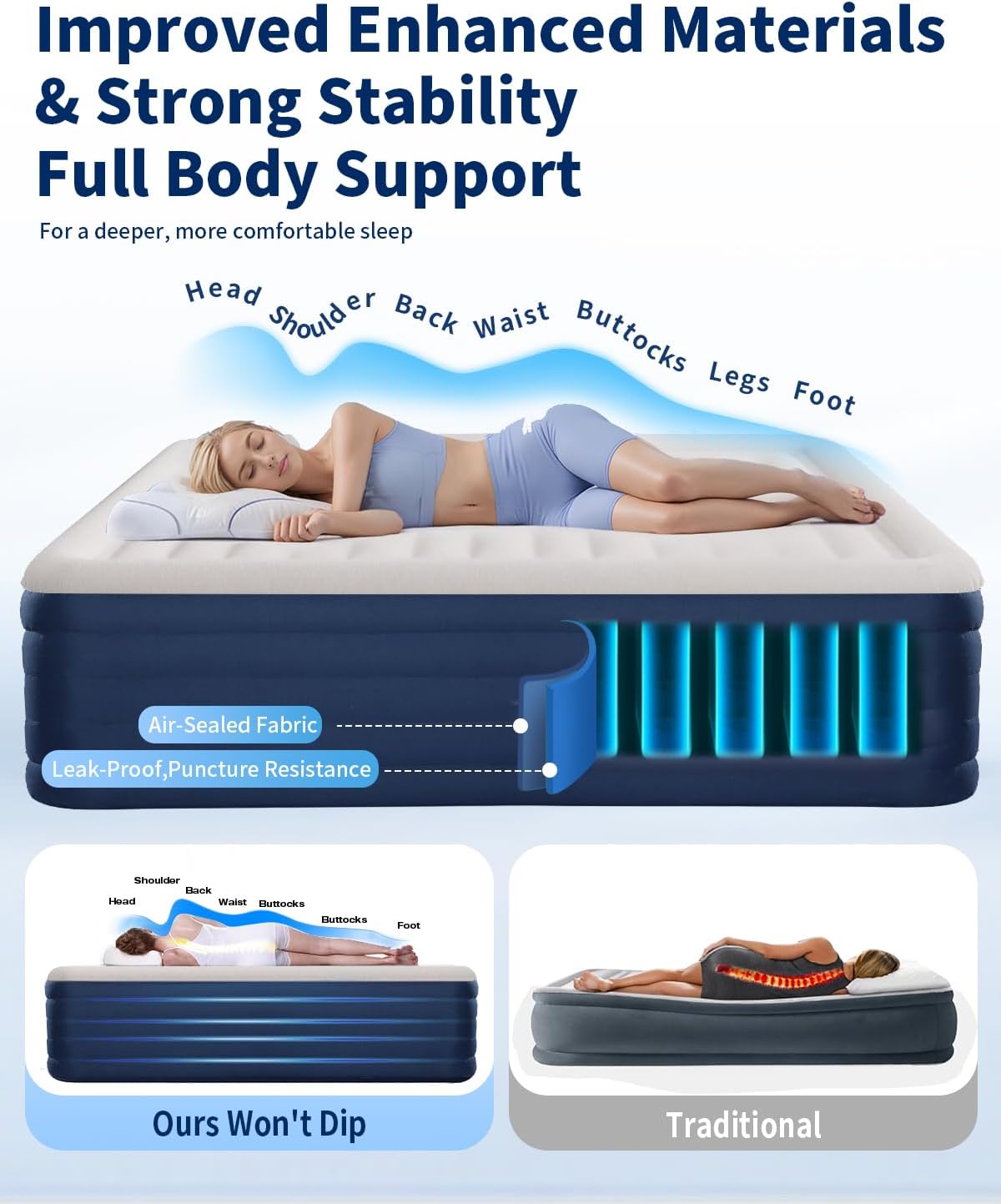 KINGJERRY Queen Air Mattress with Built-in Pump, 18" Raised Comfort Inflatable Mattress with Leak-Proof Air Chamber, 800 lbs Heavy-Duty Support, Thick & Durable Blow Up Bed for Home, Guests & Camping