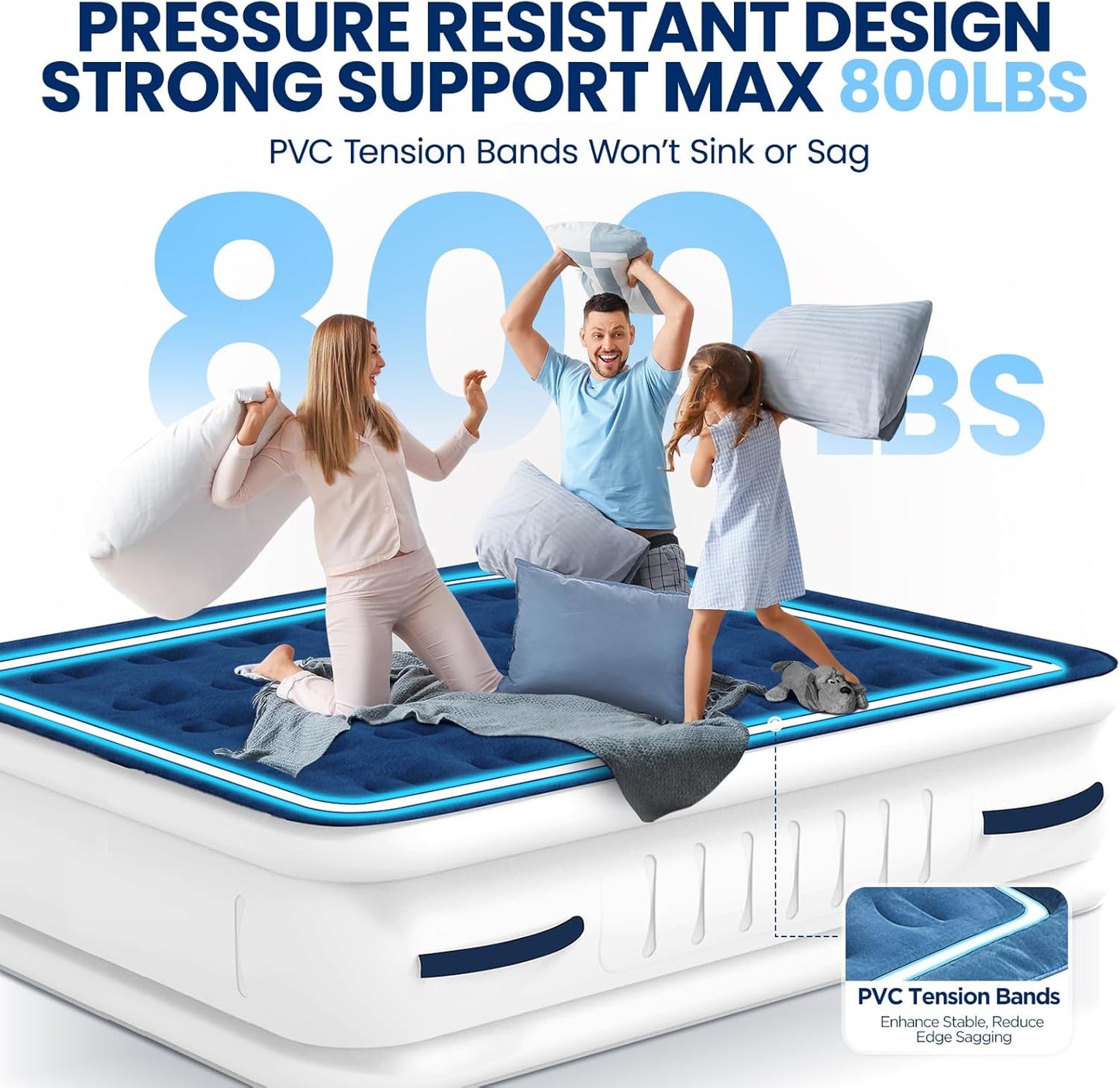 KINGJERRY Queen Air Mattress with Built in Pump, 4 Portable Handles, 18" Raised Comfort, Leak-Tested, Anti-collapse Design, 3 Mins Inflation, 800lb Support Inflatable Mattress for Home Guest & Camping