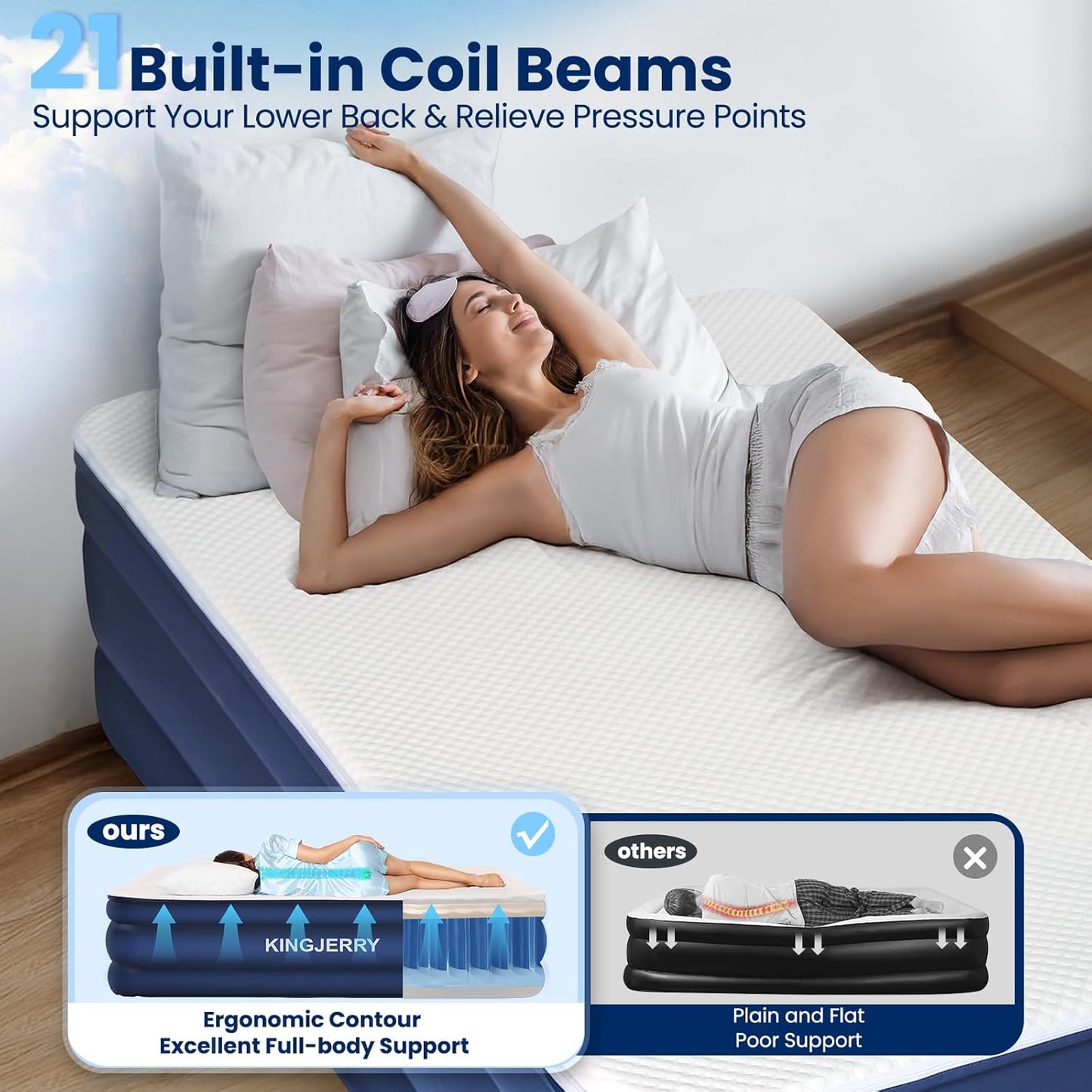 KINGJERRY Twin XL Air Mattress with Built-in Pump, 18" Raised Foam Topper Inflatable Mattress, 80" Length, Washable Silk-Feel Cover, 48Hr Leak-Proof, Supports 500lbs, 2 Min Fast Inflate for Home&Guest