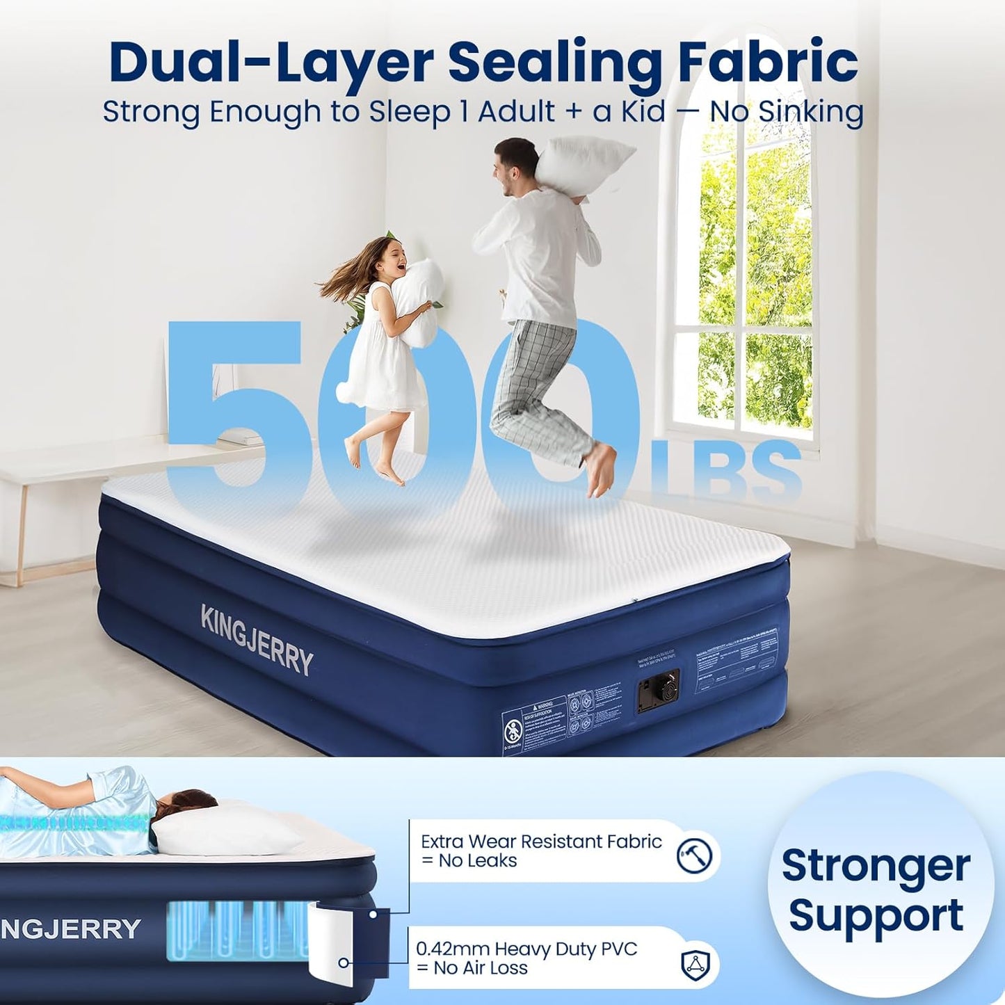 KINGJERRY Twin XL Air Mattress with Built-in Pump, 18" Raised Foam Topper Inflatable Mattress, 80" Length, Washable Silk-Feel Cover, 48Hr Leak-Proof, Supports 500lbs, 2 Min Fast Inflate for Home&Guest