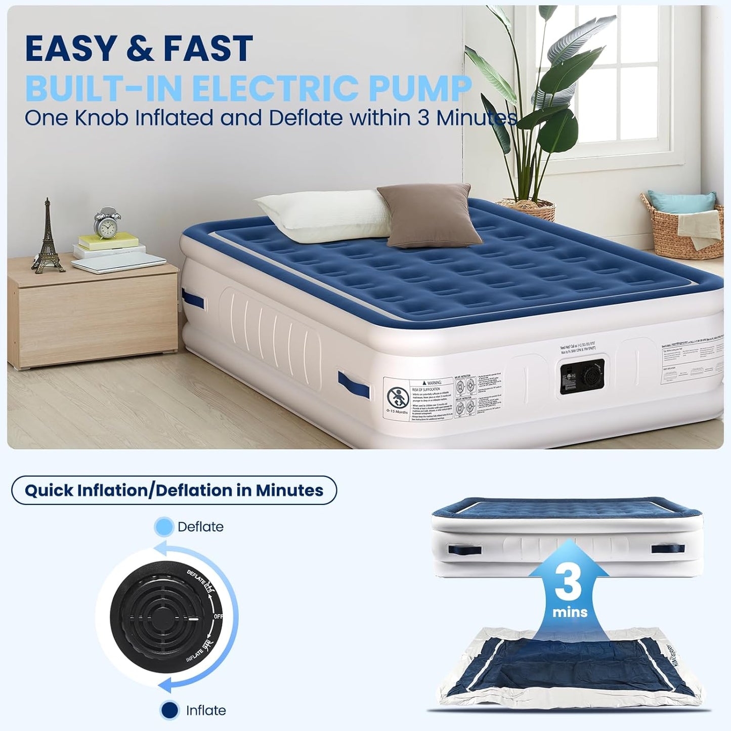 KINGJERRY Queen Air Mattress with Built in Pump, 4 Portable Handles, 18" Raised Comfort, Leak-Tested, Anti-collapse Design, 3 Mins Inflation, 800lb Support Inflatable Mattress for Home Guest & Camping