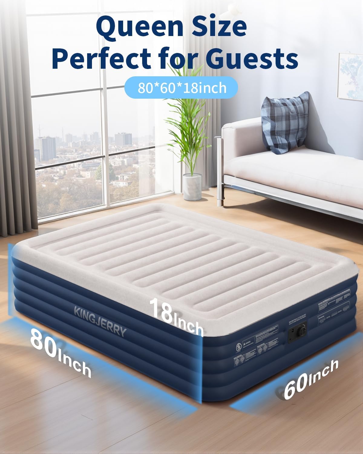 KINGJERRY Queen Air Mattress with Built-in Pump, 18" Raised Comfort Inflatable Mattress with Leak-Proof Air Chamber, 800 lbs Heavy-Duty Support, Thick & Durable Blow Up Bed for Home, Guests & Camping