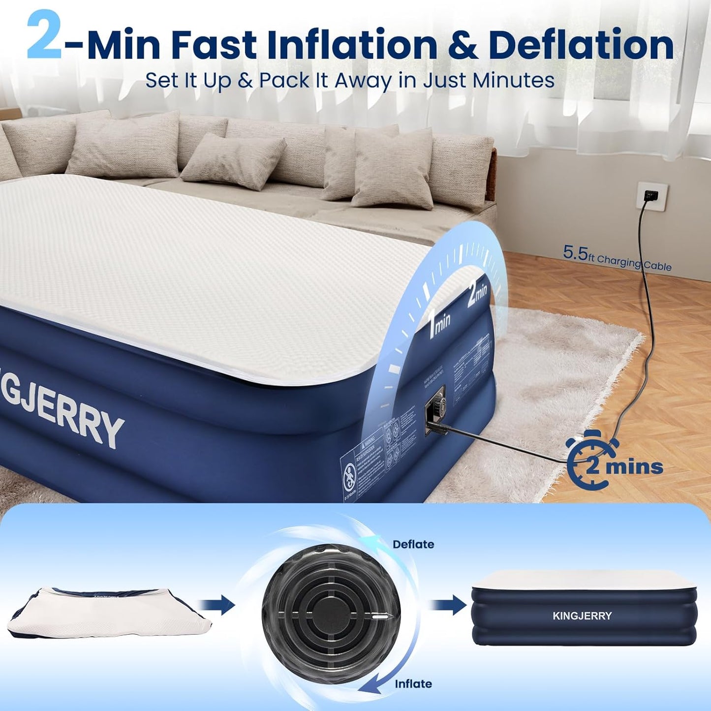 KINGJERRY Twin XL Air Mattress with Built-in Pump, 18" Raised Foam Topper Inflatable Mattress, 80" Length, Washable Silk-Feel Cover, 48Hr Leak-Proof, Supports 500lbs, 2 Min Fast Inflate for Home&Guest