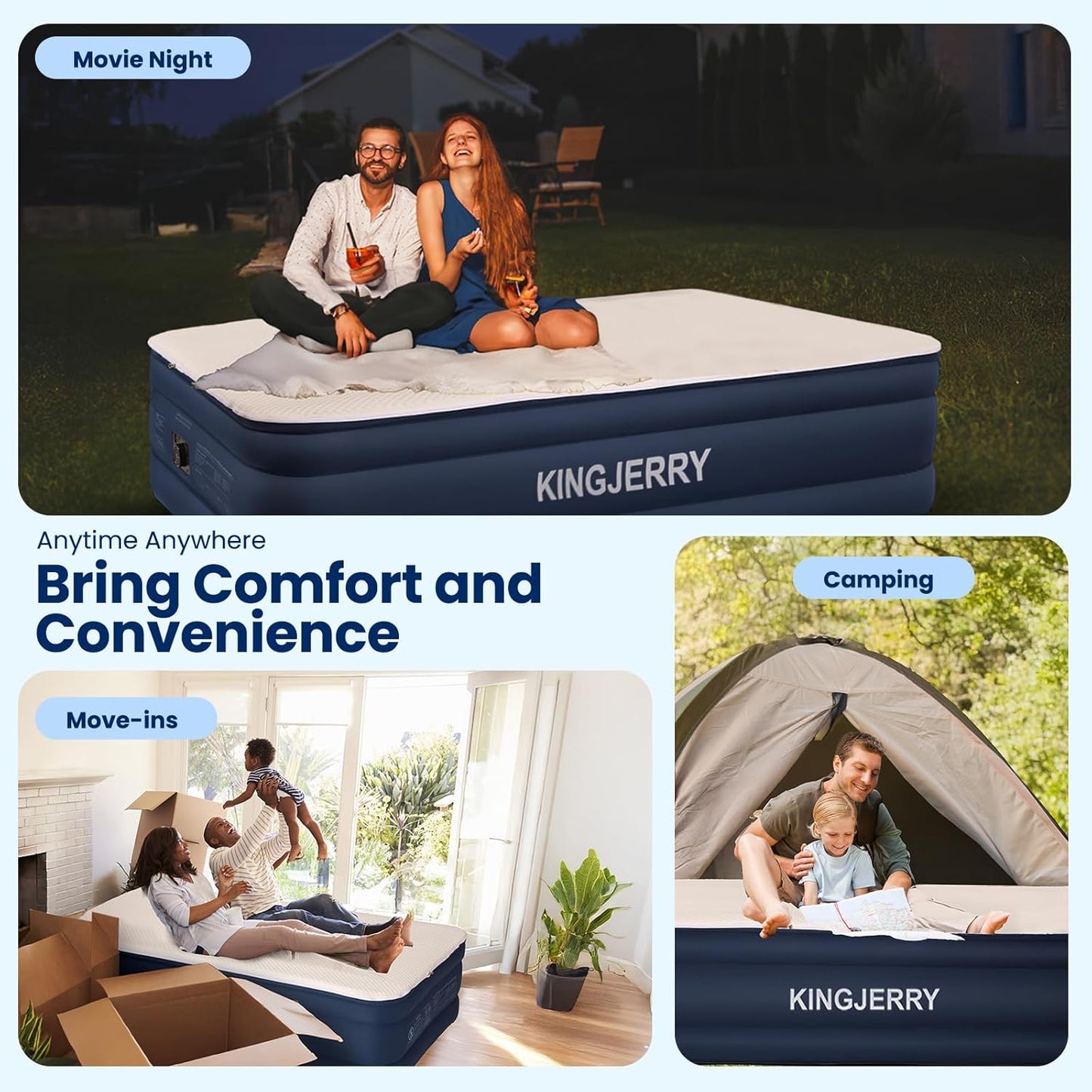 KINGJERRY Twin XL Air Mattress with Built-in Pump, 18" Raised Foam Topper Inflatable Mattress, 80" Length, Washable Silk-Feel Cover, 48Hr Leak-Proof, Supports 500lbs, 2 Min Fast Inflate for Home&Guest