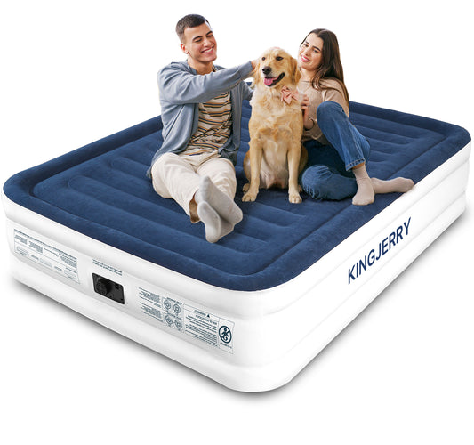 KINGJERRY Queen Air Mattress with Built-in Pump, 18" Raised Comfort Inflatable Mattress, Upgraded Dual-Layer Leakproof Blow up Mattress, 800 lbs Max, 3-Min Inflation Air Bed for Home Camping & Guests