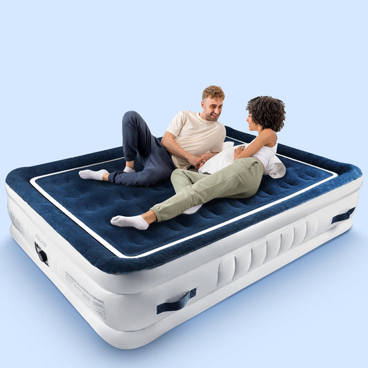 KINGJERRY Air Mattress Queen with Built in Pump and 4 Portable Handles, 18" High Comfortable Portable Blow Up Mattress for Guests, Air Bed with Carry Bags, Sturdy Inflatable Mattress for Home&Camping
